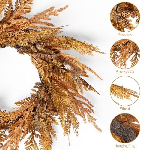 Fall Wreath 16inch, Autumn Fall Door Wreaths with Orange Pine Needle, Light Brown Pinecone,Yellow Wheat, Farmhouse Wreath Decor for Indoor Outdoor Window Wall Christmas Decor - Image 4