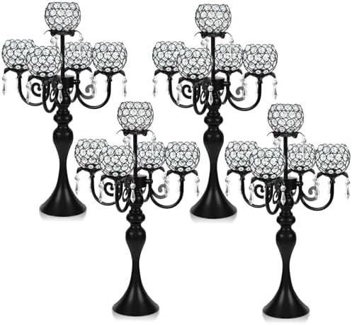 Set of 4 Crystal Tea Light Candle Holders - 22.5" Tall Metal & Crystal Centerpiece with Weighted Base for Birthday Valentine Dinner Table Decor- Matte Black by kehail