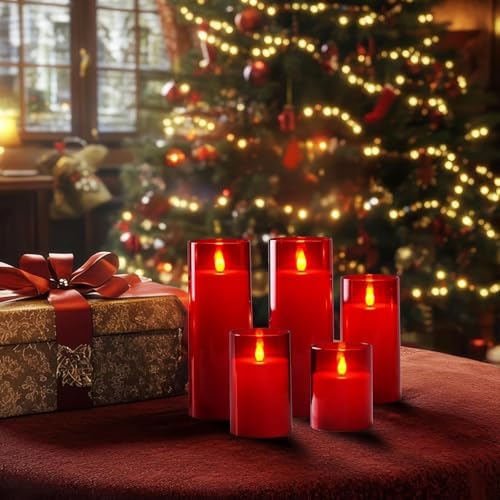 Homemory Christmas Red Flickering Flameless Candles, Battery Operated Acrylic LED Pillar Candles with Remote Control and Timer, Set of 9 - Image 7