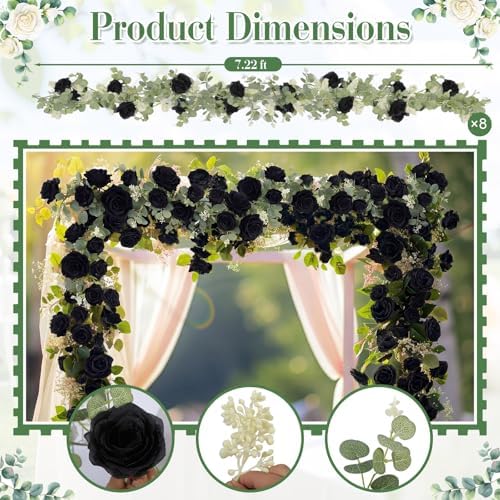 Suncalla 8 Pack 6.56ft Artificial Rose Flower Garland Silk Flocked Black Rose Garland Faux Eucalyptus Peony Flower Vine for Wedding Party Table Centerpiece Arch Background Decor(Seeded Eucalyptus) - Image 2