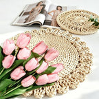 IcosaMro 13.8" Boho Placemats Set of 6 Round Woven Placemats Natural Table Place Mats for Dinning Table Indoor & Outdoor Wicker Wicker Charger Plates for Wedding Christmas Thanksgiving Events - Image 4