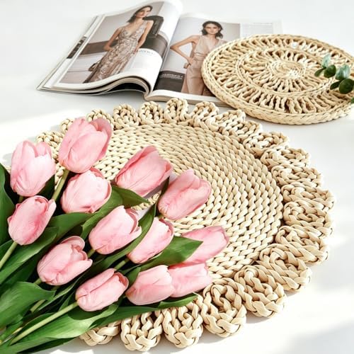 IcosaMro 13.8" Boho Placemats Set of 6 Round Woven Placemats Natural Table Place Mats for Dinning Table Indoor & Outdoor Wicker Wicker Charger Plates for Wedding Christmas Thanksgiving Events - Image 4