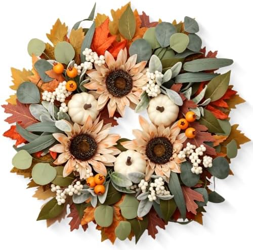 zjlmit 22" Fall Wreaths for Front Door with Pumpkin Sunflower Maple Leaf by zjlmit