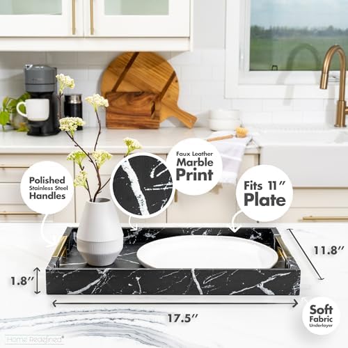Home Redefined Modern Elegant 17.5"x12" Rectangle Black Marble Faux Leather Decorative Tray Ottoman Coffee Table Perfume Living Room Kitchen Serving Tray with Gold Polished Handles for All Occasion's - Image 3