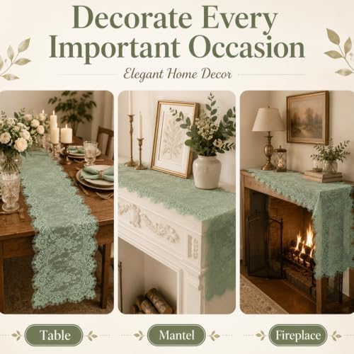 12 Pack Sage Green Lace Table Runners 14 x 120 Inch Sage Green Rustic Lace Fabric Table Runners with Rose Embroidered Floral Vintage Table-Runner for Party Wedding Bridal Shower Decorations - Image 6