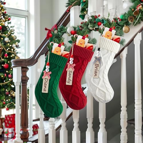 Personalized Christmas Stockings - 18 Inches Hanging Stockings with DIY Snowman Name Tags, 6 Pack Large Size Knitted Stockings for Mantels, Christmas Tree Family Holiday Decor, Red Green White - Image 5