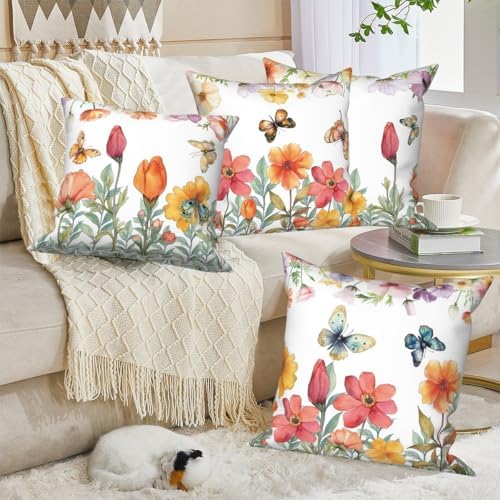 4 Pcs/Set Floral Pillow Covers Pink Flowers Green Leaves Colorful Butterflies Nature Plants Rustic Farmhouse Decor Throw Pillow Covers for Outdoor Home Couch Sofa Bedroom, 26"x26" - Image 4