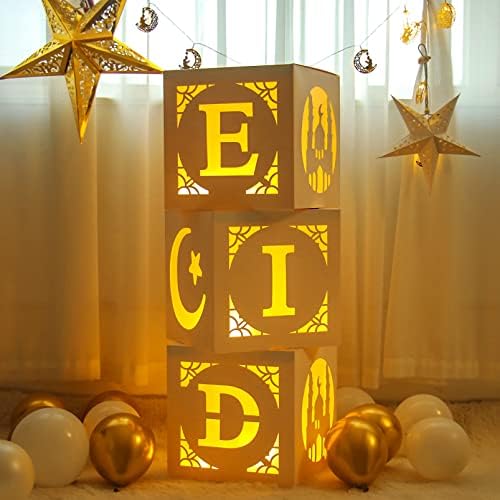 Staraise Eid Mubarak Decorations- 3pcs Mubarak Eid Hollow Boxes with Lights,Eid Mubarak Decorations for Home,DIY Eid Mubarak Boxes for Ramadan Lights Decorations,Eid Decorations Party Decor by Staraise