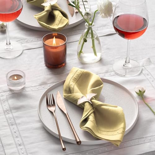 100% Pure Linen Napkins Yellow with Embroidered Dot Set of 4, 18 x 18 Inch - Image 2