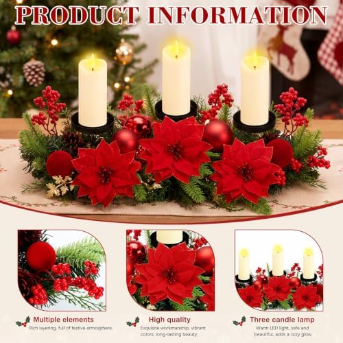 meekoo Christmas Centerpiece with 3 Candle Holders 3 LED Candles 1 String Lights Xmas Triple Candelabrum Poinsettia Red Berry Pine Cones with 3 Candle Holders for Tables Home Decorations - Image 3