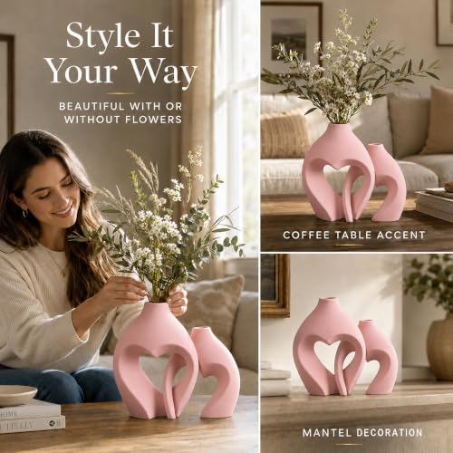 Modern Ceramic Flower Vase Home Table Decor Heart Shaped Vase Set of 2 - Image 4