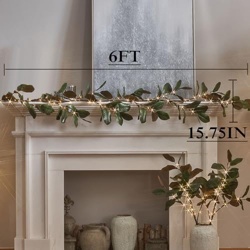 LITBLOOM Faux Magnolia Garland with Lights 6FT Battery Operated with Timer or USB Plug in, Lighted Greenery Garland with 80 Fairy Lights for Home Fireplace Mantle Holiday Decoration Inside - Image 4