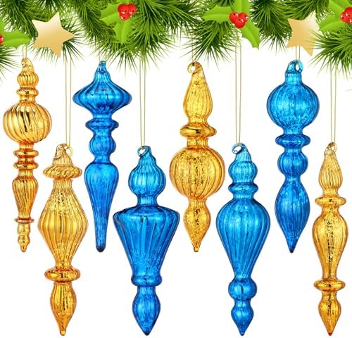 Mifoci 8 Pcs 6 Inch Mercury Glass Finial Christmas Ornaments,Blue, Gold by Mifoci