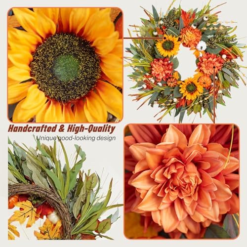 Fall Wreaths for Front Door 24 Inch Fall Wreath with Pumpkins, Sunflowers & Berries – Outdoor Autumn Wreath for Porch, Thanksgiving, Halloween & Harvest Decor - Image 3