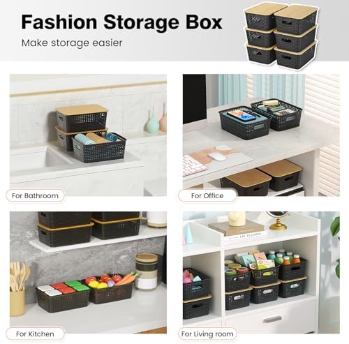 Ohmlove 6 Pack Plastic Storage Baskets with Bamboo Lids for Organization - Image 4