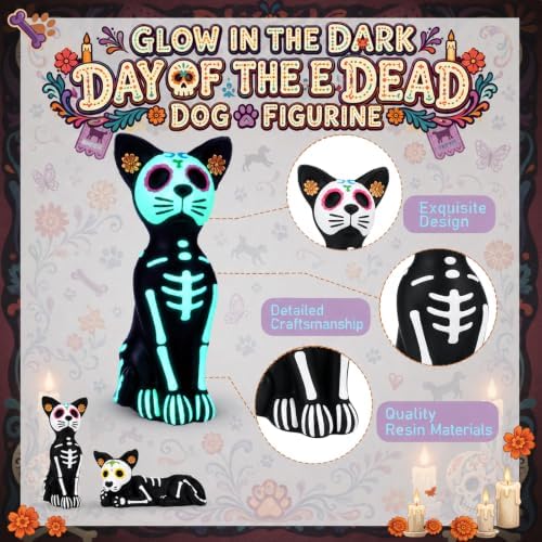 Simgoing 2 Pcs Luminous Day of The Dead Figurine Skeleton Halloween Dog - Image 2