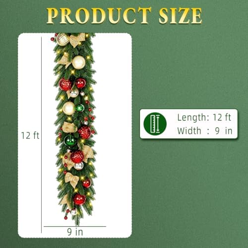 Hykolity 12 FT Pre-Lit Christmas Garland with 100 Warm White LEDs & Timer, Battery Operated Artificial PE & PVC Garland with Multicolor Ornaments and Glittered Gold Leaves for Mantel & Staircase - Image 3