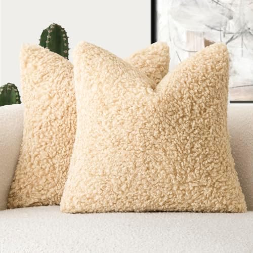 Foindtower Decorative Fuzzy Faux Fur Throw Pillow Covers 22x22 Light Yellow by Foindtower