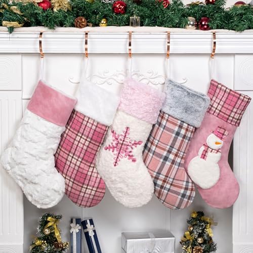 GEX Pink Plush Christmas Stockings for Family 20" Large Pink Plaid Xmas Stockings Classic Fireplace Decorations Hanging Ornament (5 Pack) by GEXWorldwide