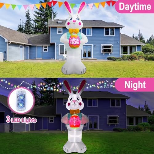 10FT Easter Inflatables Bunny Holding Easter Egg Decoration, Easter Blow up Yard Decoration White Rabbit Inflatable Built-in 3 LED for Easter Party Holiday Indoor Outdoor Yard Garden Decor - Image 4