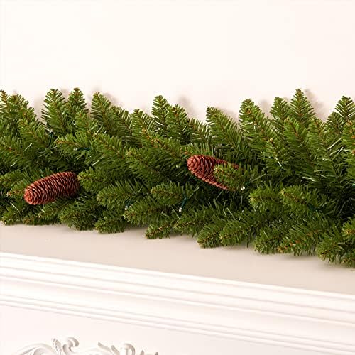 9Ft Pre-Lit Christmas Garland, Plug in, Green, 50 Clear Lights, Fireplace Stairs Mantle Door Indoor Outdoor, Decorated with Pine Cones - Image 3