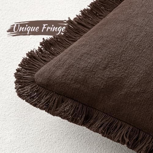 MIULEE Linen Fringe Decorative Fall Euro Pillow Covers Dark Brown 22x22 - Image 4