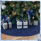 Skylety 48'' Christmas Tree Skirt Rug Embossing Xmas Tree Skirt, Navy - Image 3