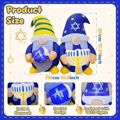4FT Hanukkah Decorations Outdoor Inflatable Gnome Couple Hold Menorah Dreidel Built-in LED Lights, Chanukah Decorations for Home, Hanukkah Blow Up Yard Decoration for Lawn Garden Holiday Party - Image 2
