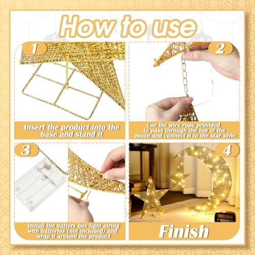 Glooglitter Pre-lit Eid Mubarak Decorations for Home Metal Eid Star Moon Crescent Light Ramadan Decorations Outdoor Lighted Night Lamp Sign with LED String for Yard Lawn Pathway - Image 3