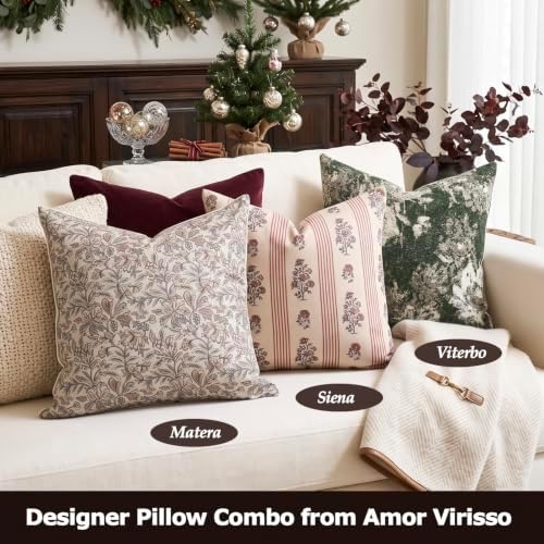 Amor Virisso Floral Throw Pillow Covers 20x20 Set of 2 Block Print Pillow Covers Neutral Floral Striped Farmhouse Decorative Pillow Covers for Sofa Couch Bed, Red - Image 5