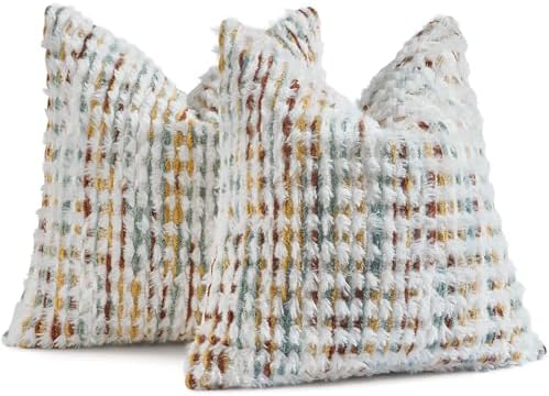 AmHoo Set of 2 Boho Chenille Pillow Cover Decorative Tufted Pillowcase for Couch Bed Sofa Bedroom Living Room Modern 18 x 18-Inch Brown White by AmHootextile