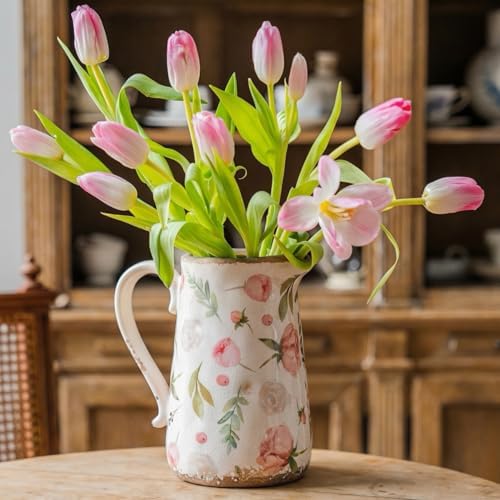 Retro Rustic Large Ceramic Vase with Handle, Distressed Farmhouse Pitcher for Home, Ideal Shelf Decor Floral Vase for Living Room Bedroom Office Table Centerpiece Decorations 9 Inch by TEWEIQI