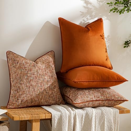 a moment Orange 4 Pack Throw Pillow Covers - Chenille & Velvet Set with Piping, Farmhouse Textured Design Pillow Cases for Couch Sofa Bed Livingroom (22x22 Inch, No Insert) - Image 4