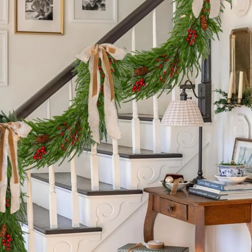 Hollyone 9FT Norfolk Pine Garland Real Touch Winter Pine Garland with Red Berry Christmas Garlands Artificial Greenery for Table Mantle Wall Indoor Outdoor Mantle Holiday Christmas Home Decor - Image 4