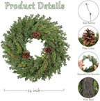 Real Touch Pine Christmas Wreath 24 Inch Christmas Wreaths for Front Door Winter Wreath Artificial Green Wreaths Outdoor Christmas Decorations Indoor Outside Window Home Holiday Thanksgiving - Image 3