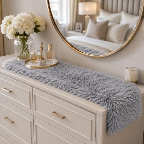 Faux Fur Table Runner Fluffy Plush Sherpa Table Runner for Christmas Winter Wedding Dining Table Holiday Decor Soft Snow Fur Runner (Grey, 11.8 x 59.0 Inch) - Image 2