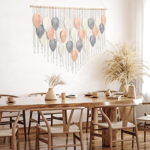 Large Macrame Wall Hanging Boho Leaf Feather Woven Tapestry 51.5"WX33.5"L - Image 3