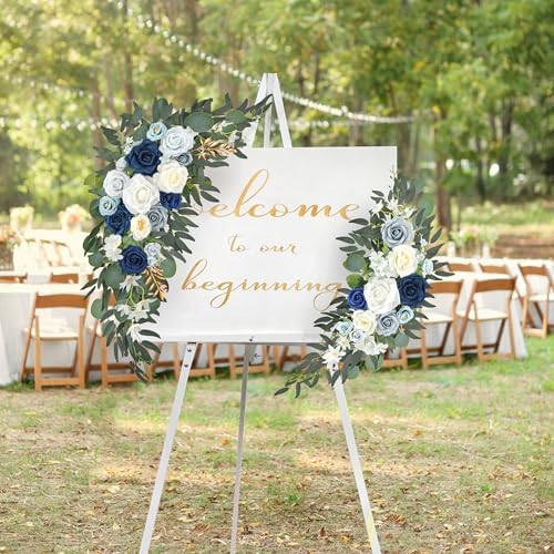 Ting's time Wedding Arch Flowers Pack of 2 Artificial Silk Large Flower Swag Welcome Sign Floral Swag Reception Backdrop Floral Decor for Fall Wedding Party Ceremony (Dusty Blue & White) - Image 3