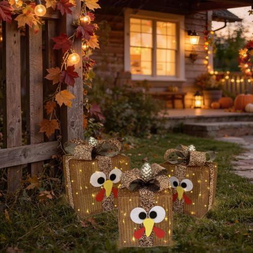 Fall Décor Light Up Boxes Porch, Thanksgiving Lighted Turkey Gift Boxes Decorations Outdoor, Prelit 80 Lights Battery Operated Present Box Havest Thanksgiving Party Table Ornaments 8 Modes & Timer - Image 4