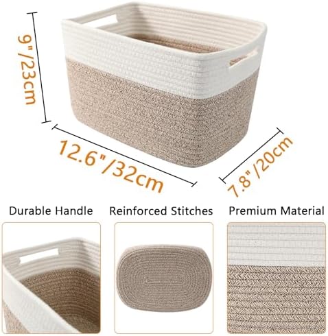 6 Pack Woven Rope Baskets, 12.6"×9"×7.8" Storage Bins, White&Brown - Image 2