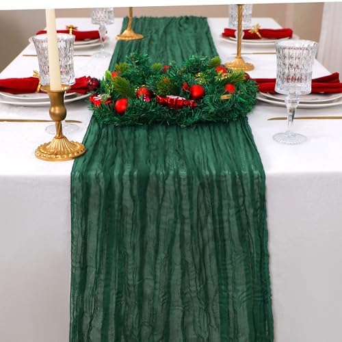 Snowkingdom 6 PCS Emerald Green Table Runner 120 Inch 10 Ft Rustic Boho Dark Green Cheese Cloth Runner for Wedding Bridal Baby Shower Birthday Party Christmas Sheer Gauze Home Table Centerpiece Deocr - Image 4