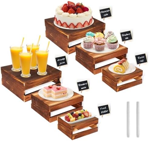 Cecnamt 6-Piece Rustic Wood Buffet Risers with Mini Signs for Dessert Table by Cecnamt