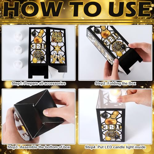 VIHOSE 12 Sets Happy New Year Centerpieces for Table 2026 New Years Lanterns with Candle Black and Gold Glitter Table Decorations for 2026 Eve Party Decoration Supplies - Image 4