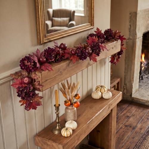 XunYee 6 ft Burgundy Fall Garland with Apples Hydrangea Maple Autumn Wreath - Image 4