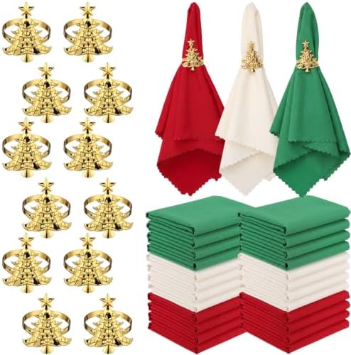 LemonRoad 36 Pcs Cloth Napkins and Napkin Ring Holders, Reusable Fabric for Table Decor Banquet Holiday Dinner Party Supply(Red,Bright Green,White,Christmas Tree) by Unknown