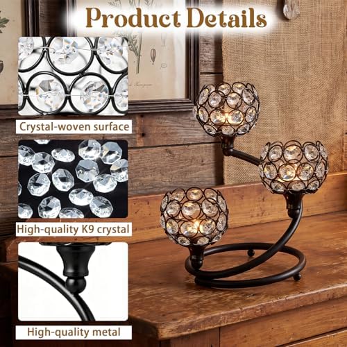 Metal Crystal Candle Holder -Bling Elegant 3-Arm Metal Tea Light Centerpiece with Shining Crystal Bowl, Wedding Anniversary Table Decor for Dining, Party (Black, 6 Pcs 3 Arm) - Image 3