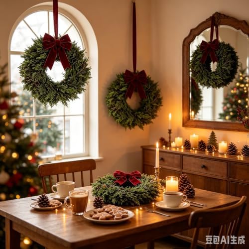 6 Pcs Small Christmas Hanging Wreaths with Artificial Cedar Pine Greenery Burgundy Dark Red Velvet Ribbon Mini Front Door Wreath for Porch Window Cabinet Wall Farmhouse Christmas Winter Holiday Decor - Image 4