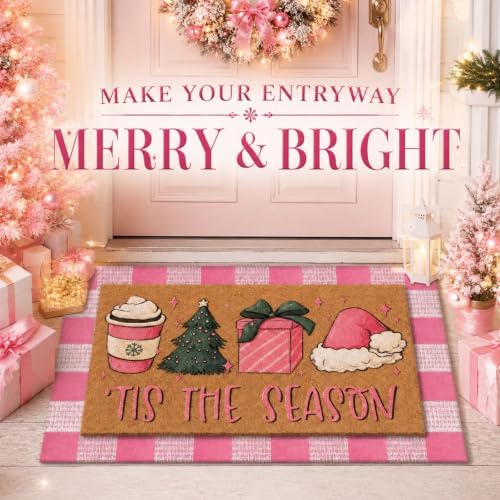 Tinideya 2 Pcs Pink Christmas Layered Doormat Set, Holiday Front Door Mats - Image 3