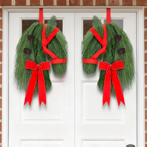 Suncalla 2 Pcs Christmas Horse Head Wreath Artificial Christmas Wreath Green Pine Needles Horsehead Decor with Red Ribbon Pinecone Farmhouse Xmas Garland for Front Door Farmhouse by Unknown