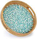 YANGQIHOME Round Rattan Tray with Handle, Mother of Pearl Inlay Decorative Wicker Basket for Coffee, Bread, Fruits, Serving Tray for Home Decor, Blue Flower by YANGQIHOME